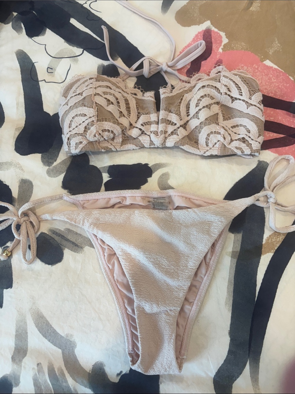 PilyQ PQ Swim Ivory Lace Blush Velvet Bikini Set Side Tie